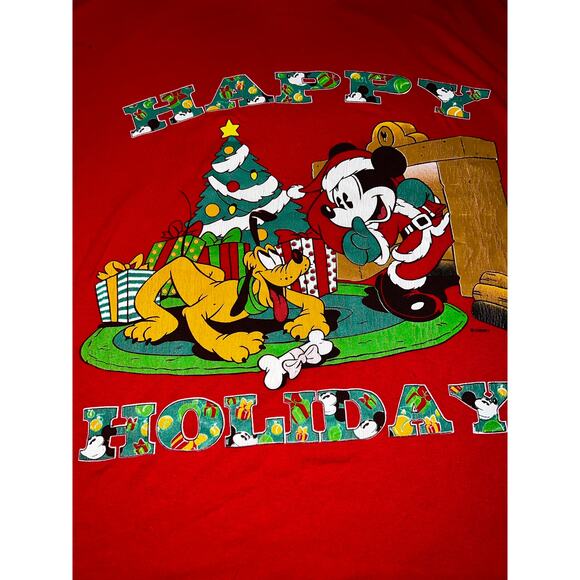 Vintage Disney Christmas Tshirt Mickey Mouse Santa and pluto Happy Holiday read* - Picture 2 of 9